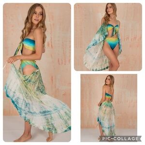 Entreaguas Swim “Calm Beach” Ivory/Orange/Purple Tie-dye Ruffled Wrap Coverup
